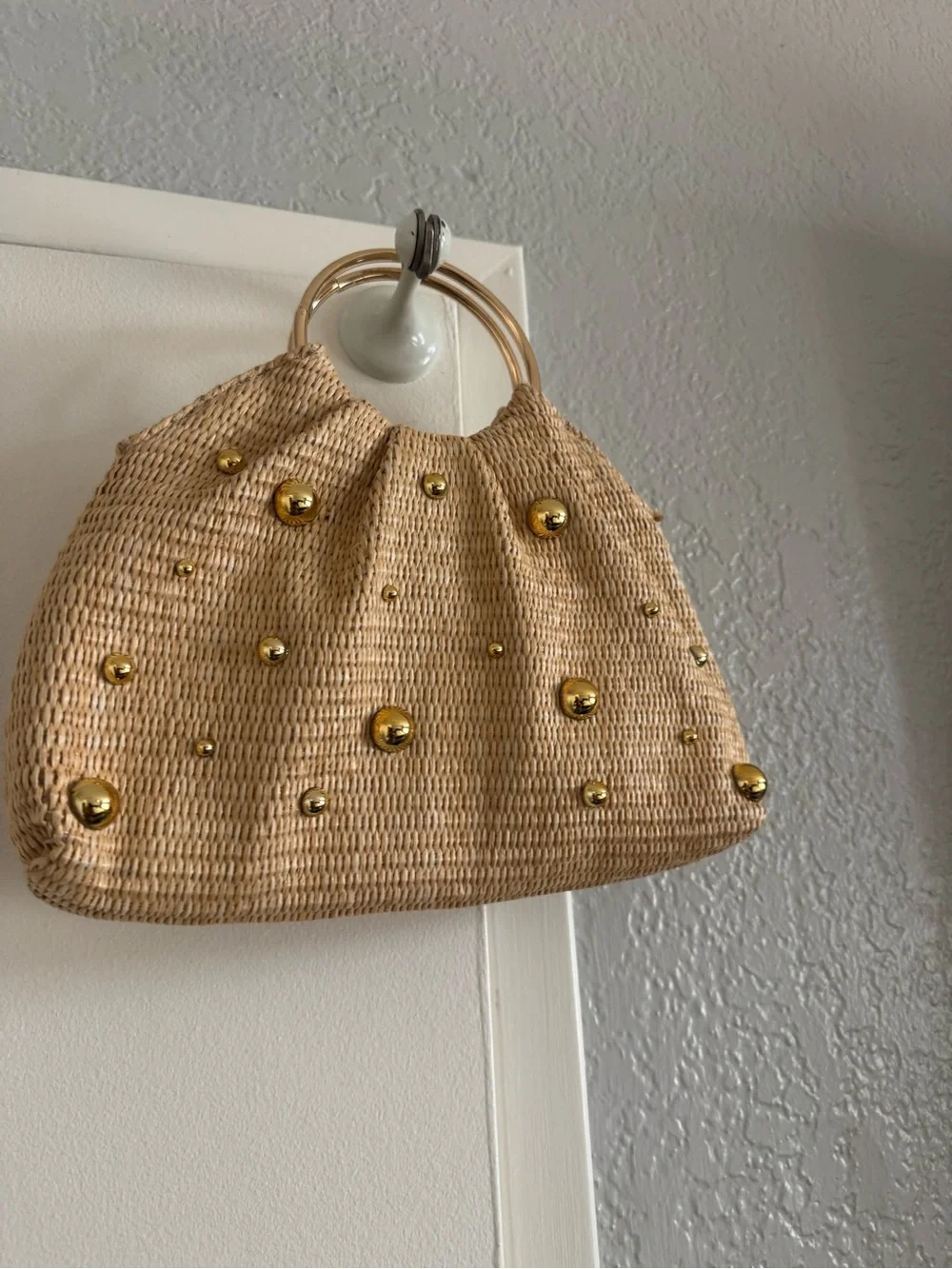 Woven Straw Tote with Gold Stud Accents - Beige